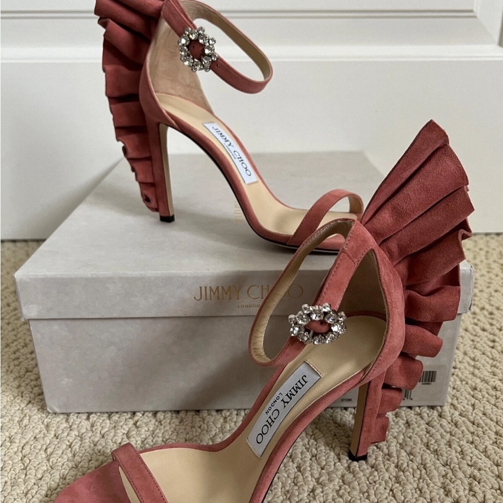 Jimmy Choo Pink Ruffle Heels with Crystal Detail size 37
